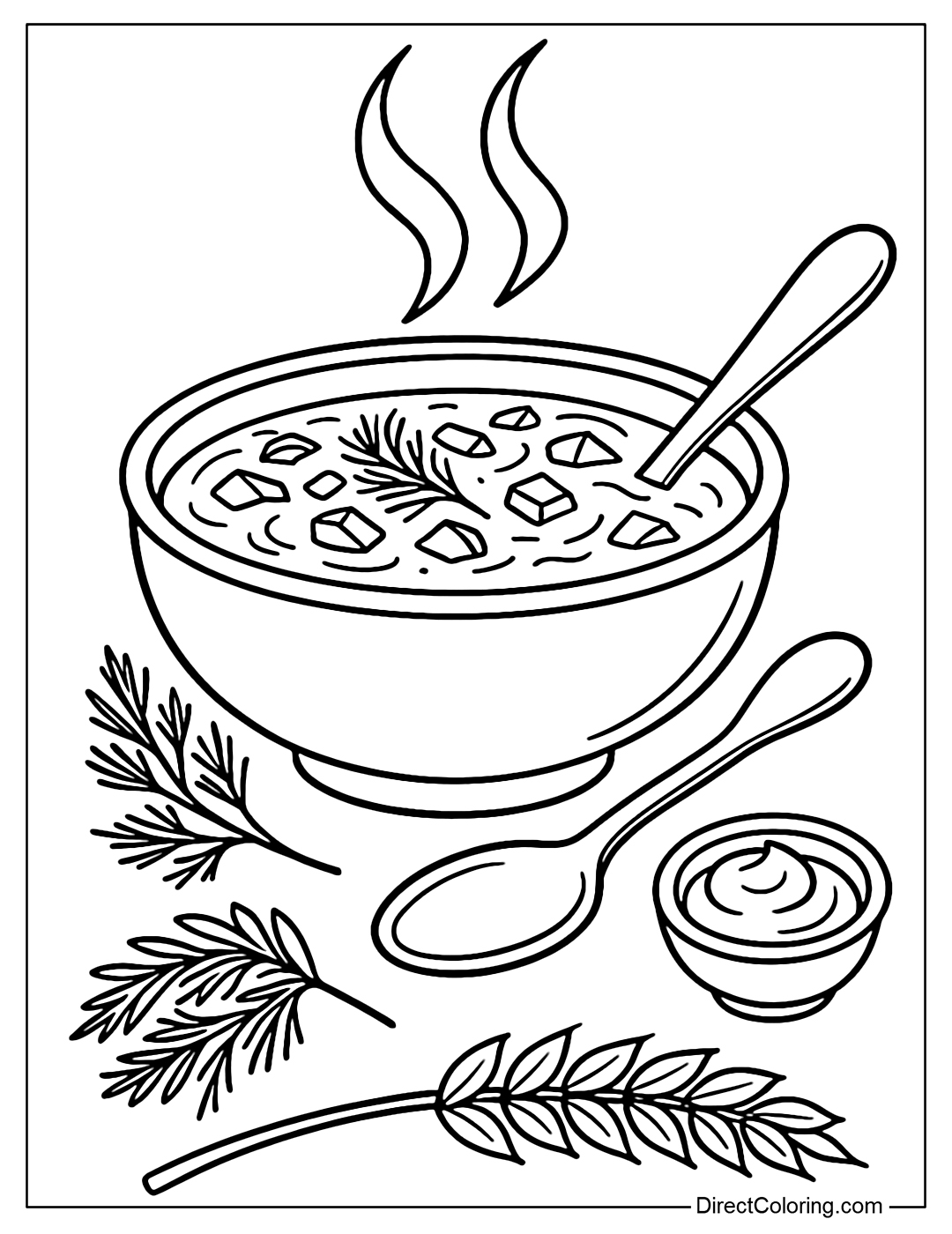 Coloring page of steaming beetroot soup, with spoon, dill leaves, and sour cream on the side.